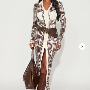 Fashion Nova Zebra Print Long Sleeve Dress - Brown and White